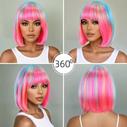 Rainbow Multi-Color Synthetic Wig for Daily Parties, Halloween Cosplay Wig, Bob Hairstyle Wig, Head Cover