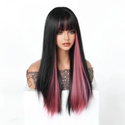 Easihair Black with Red Pink Highlight Long Straight Wig With Bangs Heat Resistant Synthetic Hair Gothic Halloween Cosplay Wigs