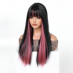 Easihair Black with Red Pink Highlight Long Straight Wig With Bangs Heat Resistant Synthetic Hair Gothic Halloween Cosplay Wigs