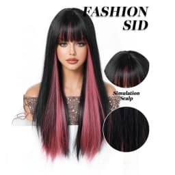 Easihair Black with Red Pink Highlight Long Straight Wig With Bangs Heat Resistant Synthetic Hair Gothic Halloween Cosplay Wigs