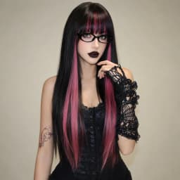Easihair Black with Red Pink Highlight Long Straight Wig With Bangs Heat Resistant Synthetic Hair Gothic Halloween Cosplay Wigs