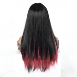 Easihair Black with Red Pink Highlight Long Straight Wig With Bangs Heat Resistant Synthetic Hair Gothic Halloween Cosplay Wigs