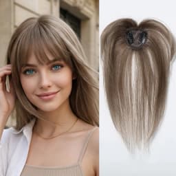 10 Inch Natural Black 100% Human Hair Topper with Bangs Straight Clip in Hairpiece for Women Thinning Hair Toppers