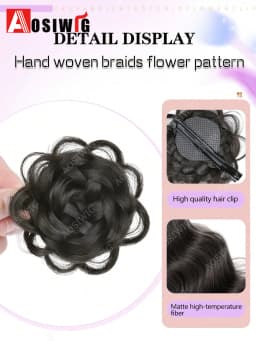 Synthetic Clip Hair Accessories Rose Flower Side Clip Hair Bun Styling Fluffy Hairpiece for Women 1pc Braided Flower Hair Bun