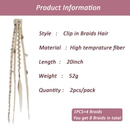 Clip in Braid Hair Extensions for Women, 20" Boho Dreadlock Clip in Braids with Beads & Charms, 2PCS Synthetic Braided Hairpiece