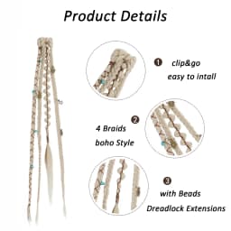 Clip in Braid Hair Extensions for Women, 20" Boho Dreadlock Clip in Braids with Beads & Charms, 2PCS Synthetic Braided Hairpiece