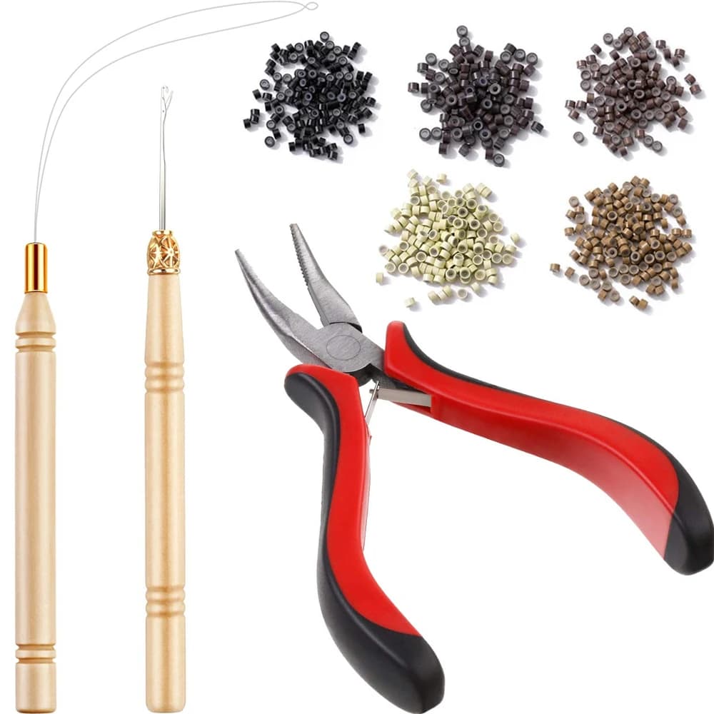 Hair Tinsel Beads Kit with Plier Hook Needle Tool 100 Silicone Micro Beads Loop Needle Threader Pulling Hook Bead Device