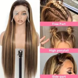 Highlight P4/27 Blended Human Hair Wig - 250% Density Piano Color Straight Hair - Pre-Plucked Hairline And Baby Hair -Ready To Wear Instantly Without Glue - Multiple Sizes Human Hair Wig For Women
