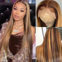 Highlight P4/27 Blended Human Hair Wig - 250% Density Piano Color Straight Hair - Pre-Plucked Hairline And Baby Hair -Ready To Wear Instantly Without Glue - Multiple Sizes Human Hair Wig For Women