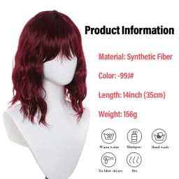 Short Burgundy Water Wave Synthetic Wig, Fluffy Curly Bob Wig with Bangs for Women, Heat Resistant Fiber Hair Extension