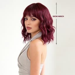 Short Burgundy Water Wave Synthetic Wig, Fluffy Curly Bob Wig with Bangs for Women, Heat Resistant Fiber Hair Extension