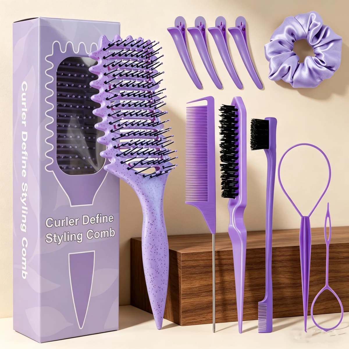 11 Piece Comb Set with Hair Brush, Comb, Edge Control Brush, 4 Duckbill Hair Clips, and Headband, Special for Real Hair Wigs
