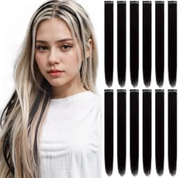 12 PCS Synthetic Hairpiece Black Hair Extensions Clip in, Colored Party Highlights Extension for Girls Women Straight 22 inch