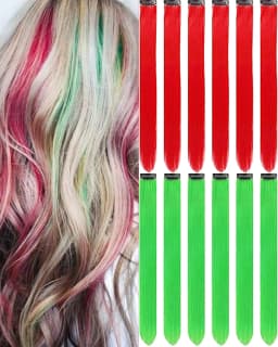 12 PCS Synthetic Hairpiece Black Hair Extensions Clip in, Colored Party Highlights Extension for Girls Women Straight 22 inch