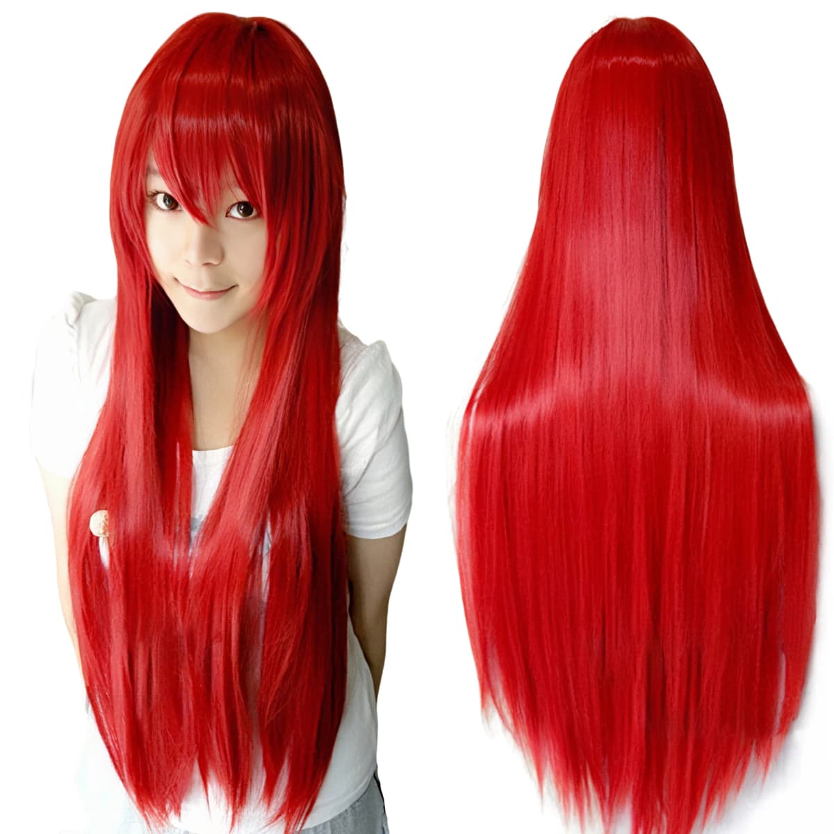 Synthetic Hair Red Straight Long Wig for Anime Cosplay Rias Gremory Halloween Costume Hair Erza Scarlet Wig with Bangs