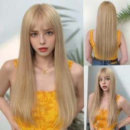 Fashion Synthetic Wig for Women Air Bangs Long Straight Hair Beige White High Temperature Silk Synthetic Fiber Full Head Cover