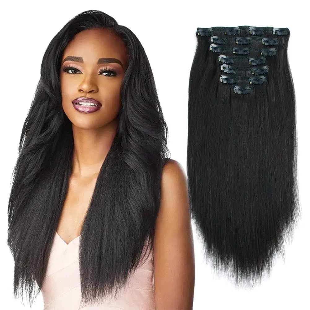Yaki Straight Clip in 100% Human Hair Extensions Double Weft Straight Clip in Hair Extensions Human Hair 12-26inches for Women