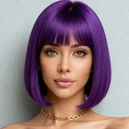 12 inch purple wig with bangs design, made of high-temperature fiber synthetic material, suitable for daily cosplay wear