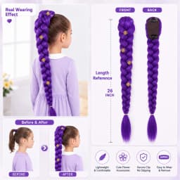 82 inch Long Purple Braid With Flower for Kids Girls Rumi Ponytail Synthetic Ponytail Costume Hairstyle Halloween Christmas