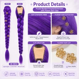 82 inch Long Purple Braid With Flower for Kids Girls Rumi Ponytail Synthetic Ponytail Costume Hairstyle Halloween Christmas