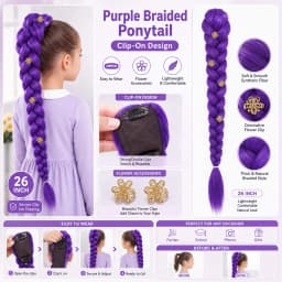 82 inch Long Purple Braid With Flower for Kids Girls Rumi Ponytail Synthetic Ponytail Costume Hairstyle Halloween Christmas