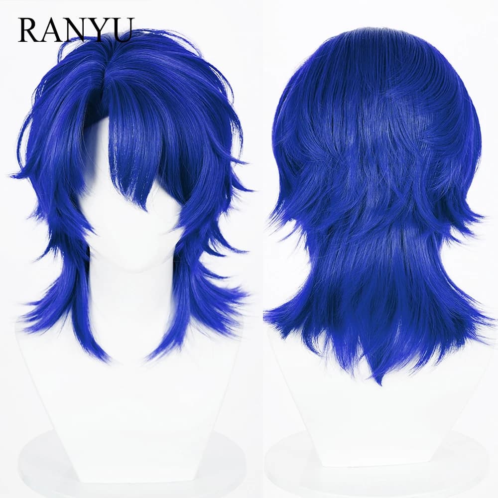 Medium Long Blue Wolf Tail Wigs Middle Part Synthetic Fluffy Anime Game Cosplay Fluffy Wig for Daily Party