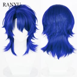 Medium Long Blue Wolf Tail Wigs Middle Part Synthetic Fluffy Anime Game Cosplay Fluffy Wig for Daily Party