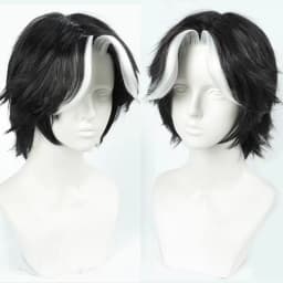 Hazbin Hotel Husk Cosplay Wig Short Black White Fluffy Male Widow's Peak Heat Resistant Synthetic Anime Wig with Wigcap