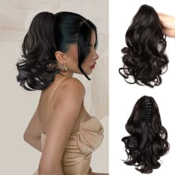 Ponytail Extensions,10 inch Short Claw Clip on Ponytail Extensions Chocolate Brown Synthetic Curly Wavy Pony Tails Hairpieces