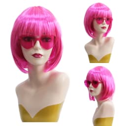 Hot Pink Short Bob Synthetic Wig Bangs Retro Y2K Women Bachelorette Halloween Club Carnival Cosplay Party
