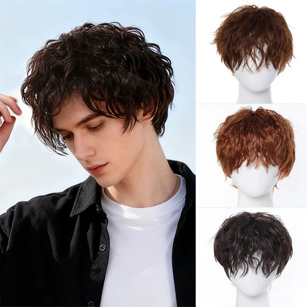  Men's Synthetic Adult Kinky Curly Wig, High Temperature Fiber, 150% Density, with Buckle Net Cap, Daily Wear, Wig Cap