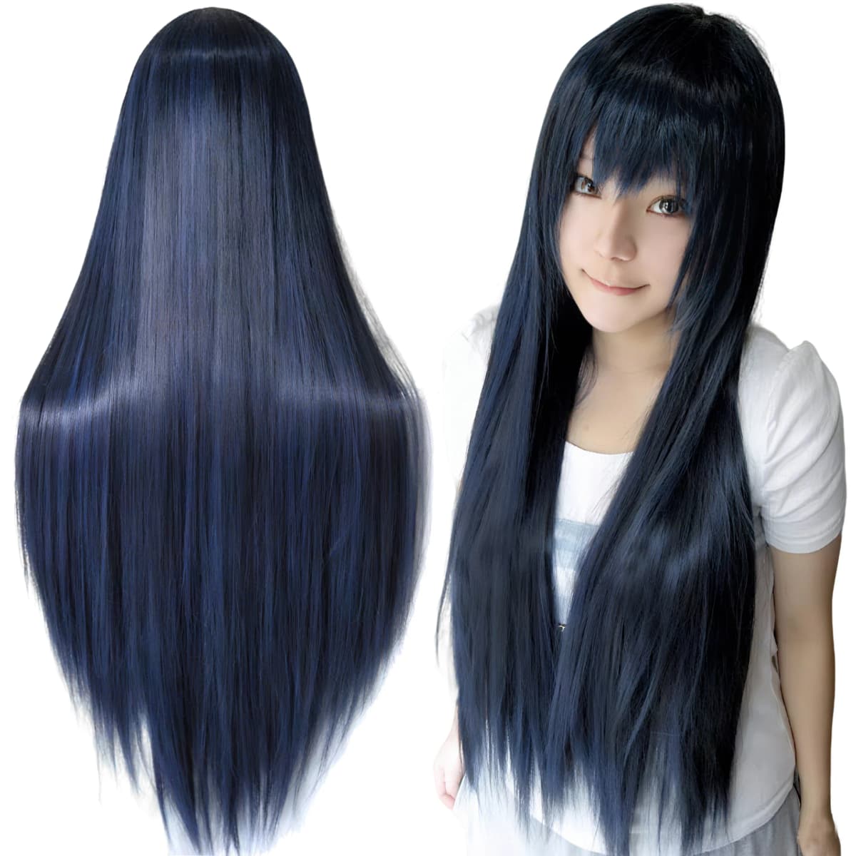 Synthetic Hair Navy Blue Straight Long Wig Anime Cosplay Mio Akiyama Halloween Costume Ruri Gokou Hair Wigs with Bangs