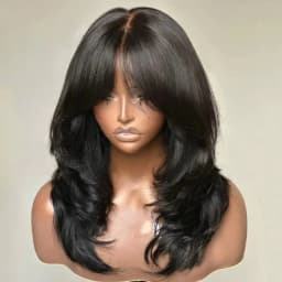 Black Wig WIth Layered Bangs Body Wave Lace Front Wig Short Bob Lace Frontal Wig 13x4 HD PrePlucked Synthetic Daily Wear Cosplay