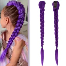 66cm Purple Braided Hair Ponytail Extensions for Kids Cosplay Long Purple Braids Rumi Hairstyle for Kids Christmas Party Use