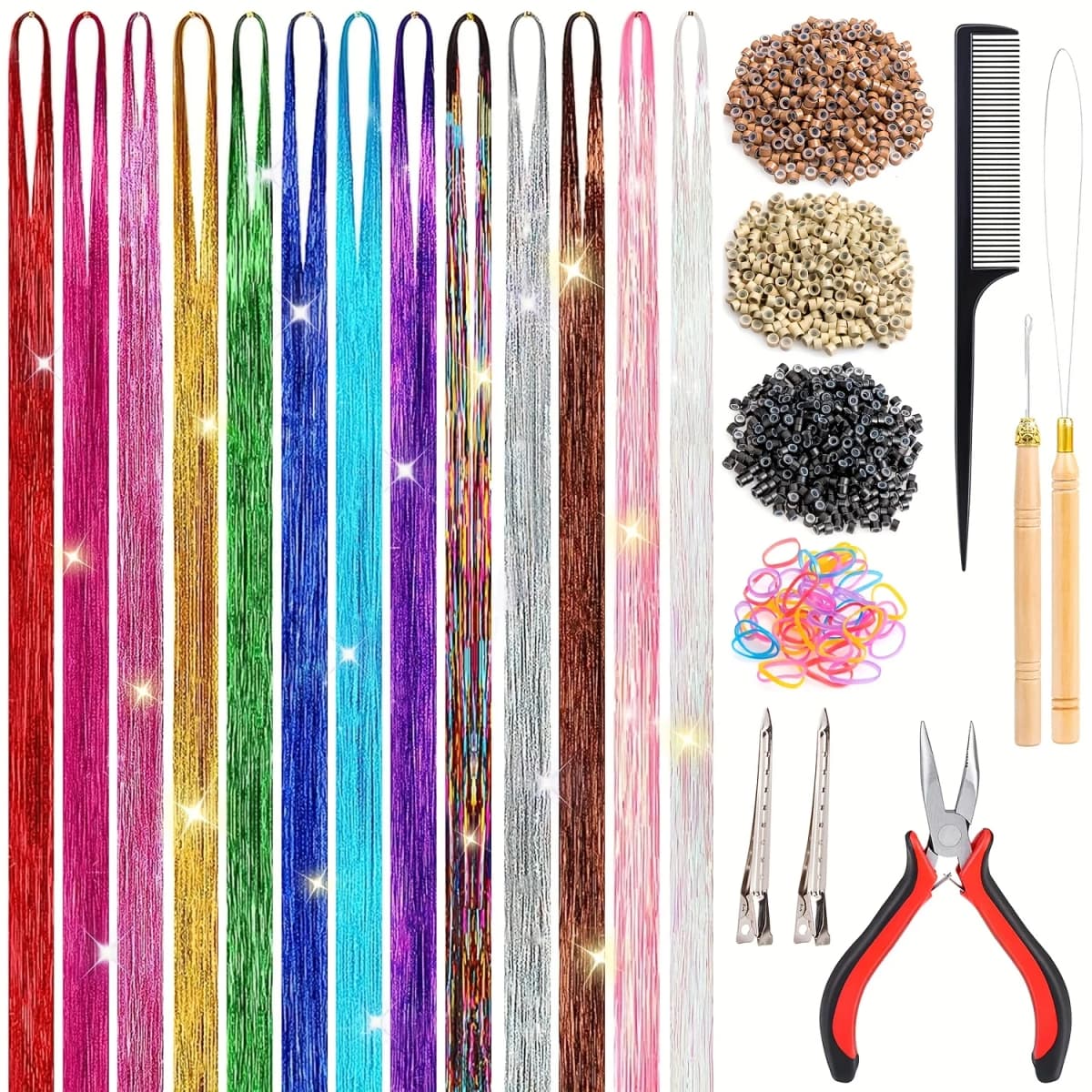 48 Inch Synthetic Hair Tinsel Kit With Tool 1300 Strands Tinsel Hair Extensions 13 Colors Fairy Hair Tinsel Sparkling Shiny Hair