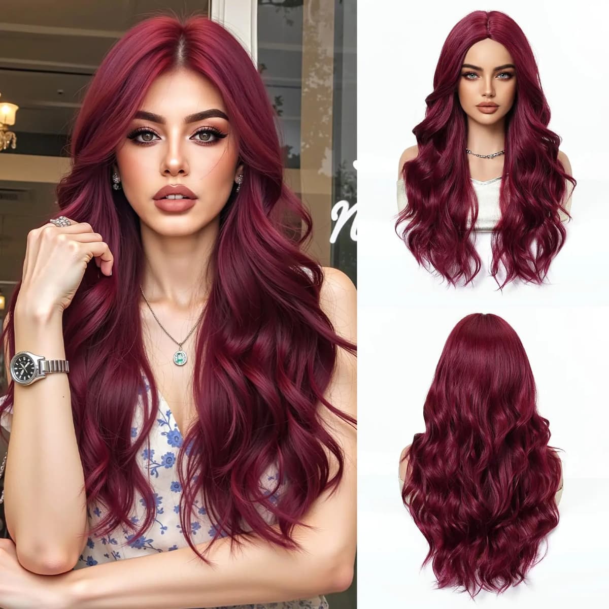 Wine Red Synthetic Wig, Big Wave Wig, Halloween Cosplay Role-Playing, Daily Wear, High-Temperature Silk Wig Cap.