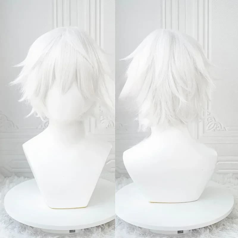 Anime Kaneki Ken Cosplay Wigs Short White Fluffy Wigs Eye Patch Heat Resistant Synthetic Hair Party Role Play Wig with Bangs