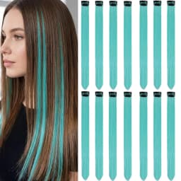14 PCS Teal Blue Hair Extensions Clip in, 22 Inch Colored Party Synthetic Neon Highlights Extensions, Rainbow Hair Accessories