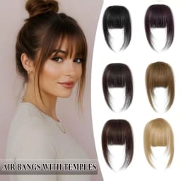 Clip In French Hair Bangs 100% Human Hair Extensions Wispy Bangs for Women Curved Fake Bangs with Fringe Temples Hairpieces