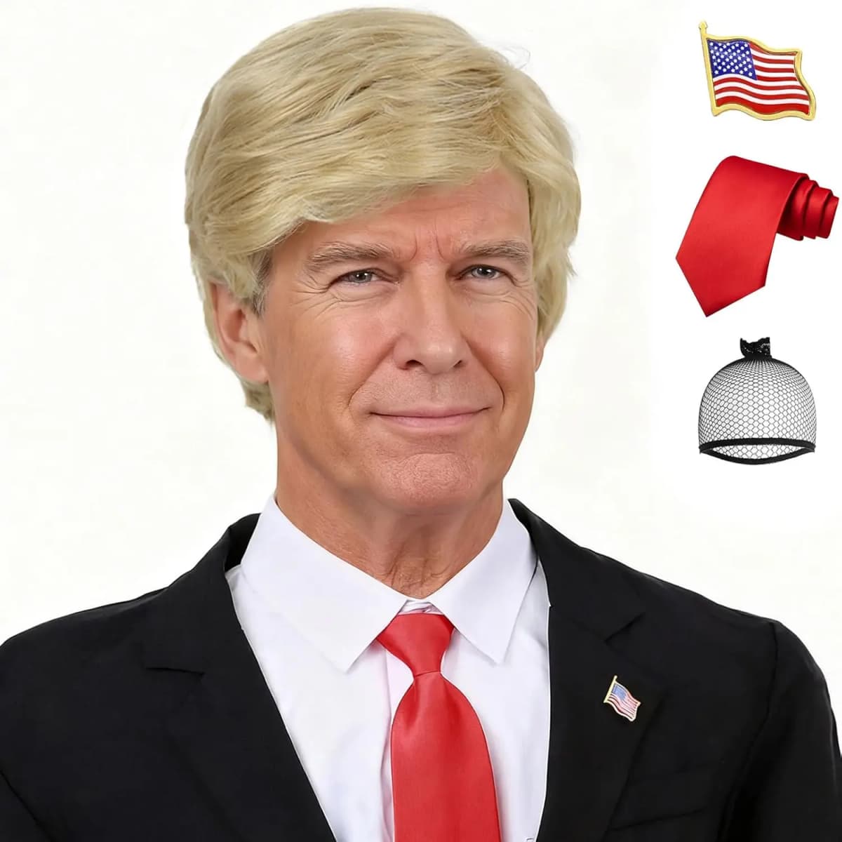Synthetic 3pc Donald Costume Kit Red Tie Flag Pin Compatible with Pres Donald Wig Halloween Costume for Adults Couples Cosplay