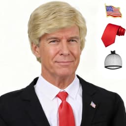 Synthetic 3pc Donald Costume Kit Red Tie Flag Pin Compatible with Pres Donald Wig Halloween Costume for Adults Couples Cosplay