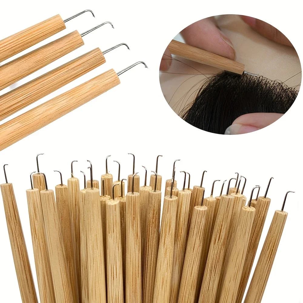 4 Pcs High Quality Hooking Hair Ventilating Needles Hair Weave Needles with Wood Handle for Wig Making&Repair Lace Wig Toupee