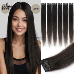 Isheeny 6PCS Mini Clip in Human Hair Pad 1Clip On Machine Weft Hair Extensions 12'-16' 30g/Pack Natural Straight Clip Hair Piece