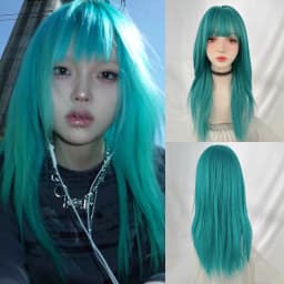 Green Blue Synthetic Long Straight Women Wig with Bangs Lolita Cosplay Fluffy Heat Resistant Wig for Daily Party