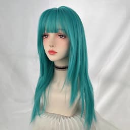 Green Blue Synthetic Long Straight Women Wig with Bangs Lolita Cosplay Fluffy Heat Resistant Wig for Daily Party