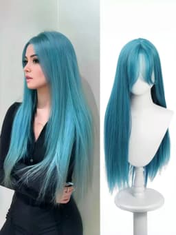 Teal Blue Long Straight Wig – Synthetic Hair with Bangs, Smooth Shine & Natural Parting for Anime, Cosplay, Festival & Stage