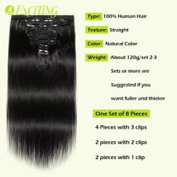 120g/8Pcs Clip In Brazilian Straight Human Hair Extensions Natural Black Color 20 22 24 26 Inches 100% Remy Human Hair Soft and Silky High Quality Fast Delivery to France 1 3 Days For Women