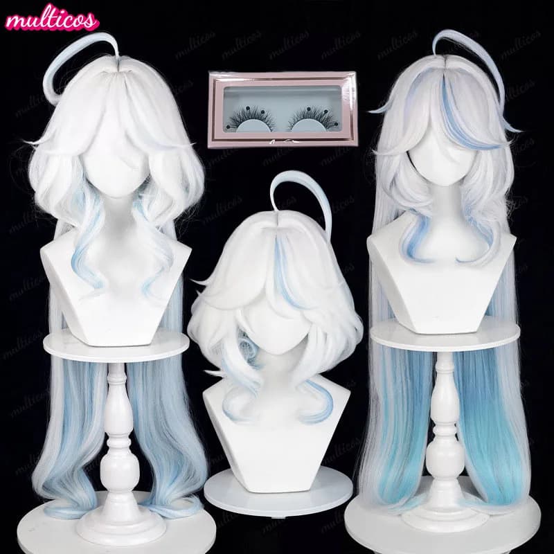 High Quality Focalors Wig Fontaine Furina Cosplay Wig Game Genshin Blue White Heat Resistant Synthetic Hair Anime Wigs + Wig Cap