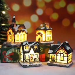 Christmas Decoration House LED Light Xmas Ornaments Small Resin Mini House Miniature Village Building For Home Kids Gifts
