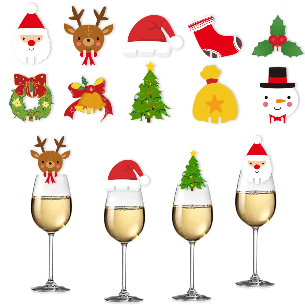 100pcs Christmas Wine Glass Decoration Santa Hat Xmas Tree Snowman Cup Card Home Table Place Decor Navidad New Year Party Supply